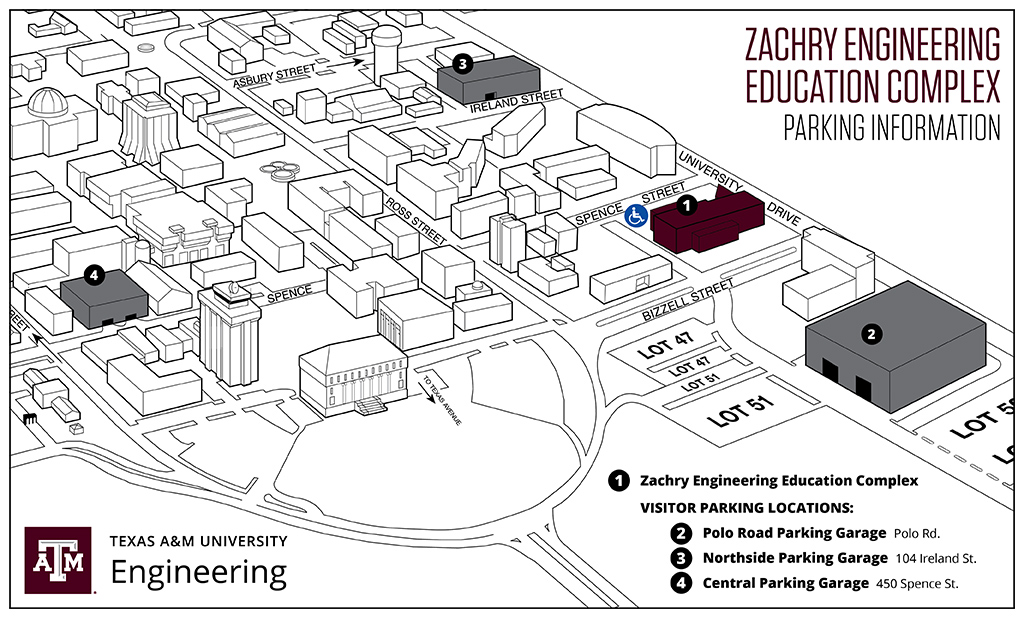 ZACH nearby visitor parking locations include the Northside Parking Garage, Central Parking Garage, and Polo Garage